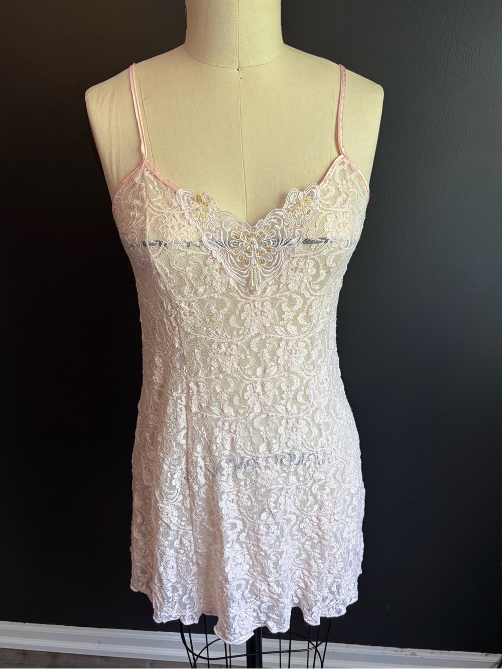 Vintage Kathy Ireland Pink Lace Babydoll Slip Dress with Sequins & Pearls- L